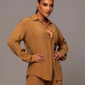 JLUXLABEL Oversized Long Sleeve Blouse Women's Small Tan Career Dainty Classic